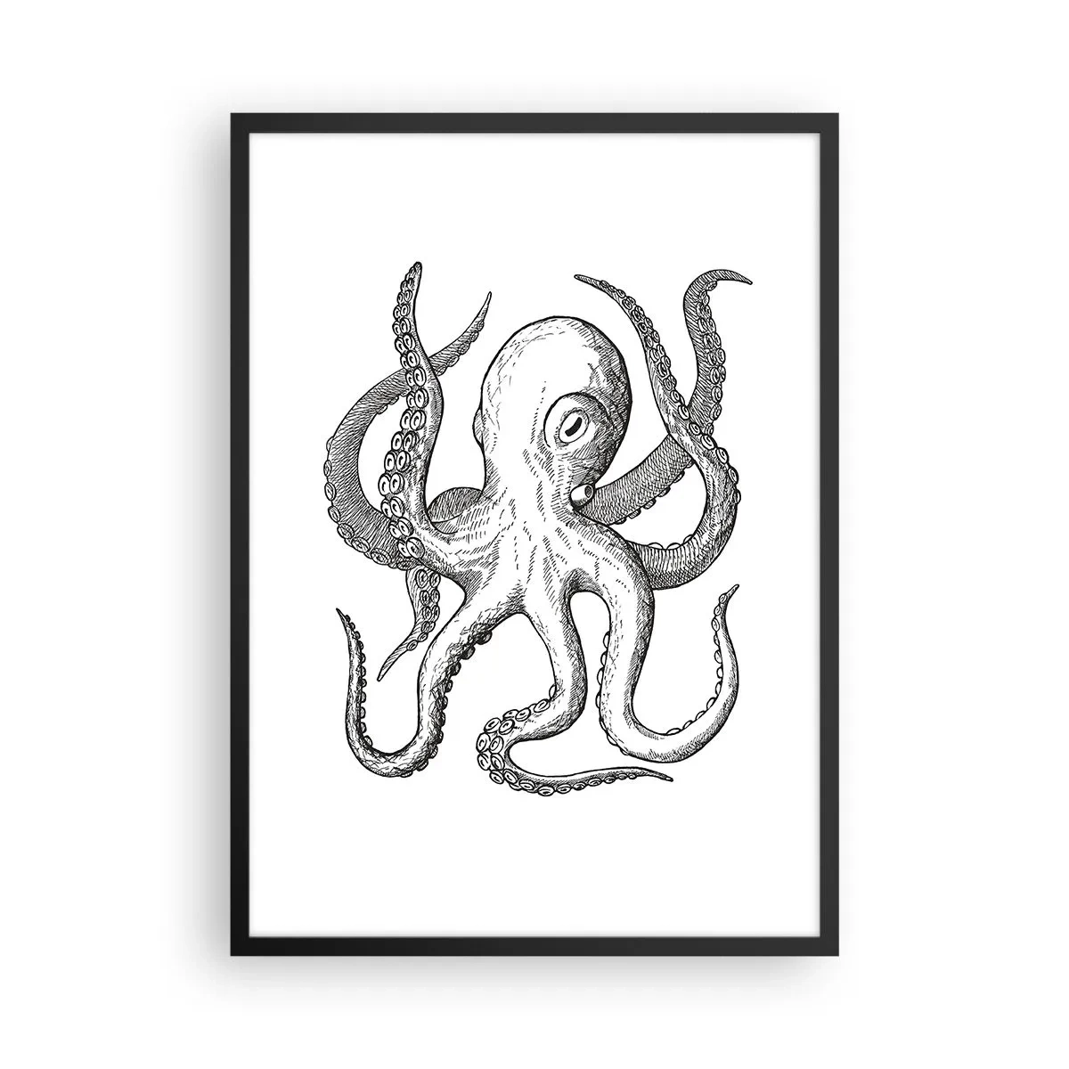 Poster in einem schwarzem Rahmen - Schwarz-weiße Vintage-Oktopus-Illustration - 50x70cm - Mit den Wellen tanzen - Moderne Wanddekoration für Wohnzimmer und Schlafzimmer ARTTOR