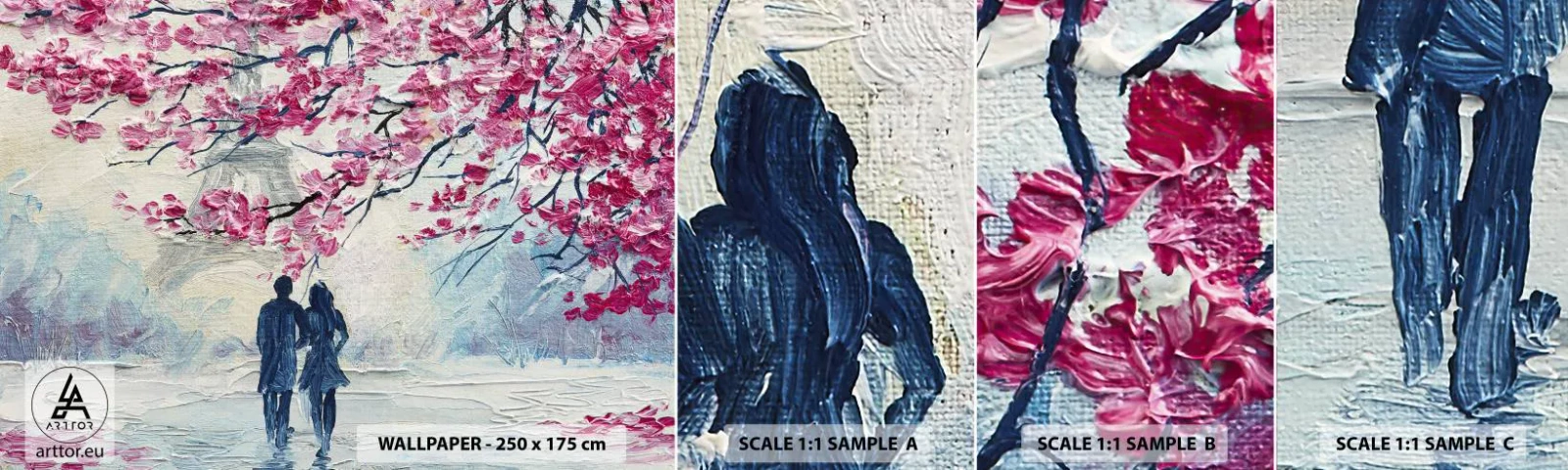 Fototapetenmuster Standard Eco - Romantischer Spaziergang - Paris, Eiffelturm, Verliebtes Pärchen - 100x30 cm