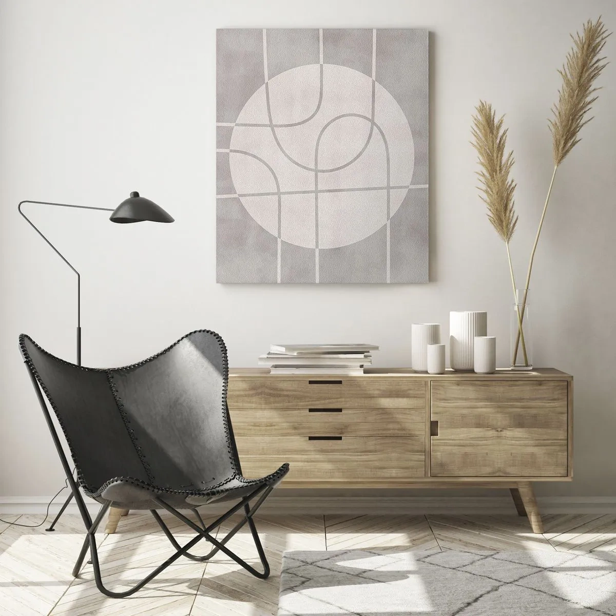 Glasbild - Bild auf glas - Geometrisches Muster in Grau- und Weißtönen - 70x100cm - Kreisförmig und geradeaus - Moderne Wanddekoration für Wohnzimmer und Schlafzimmer ARTTOR