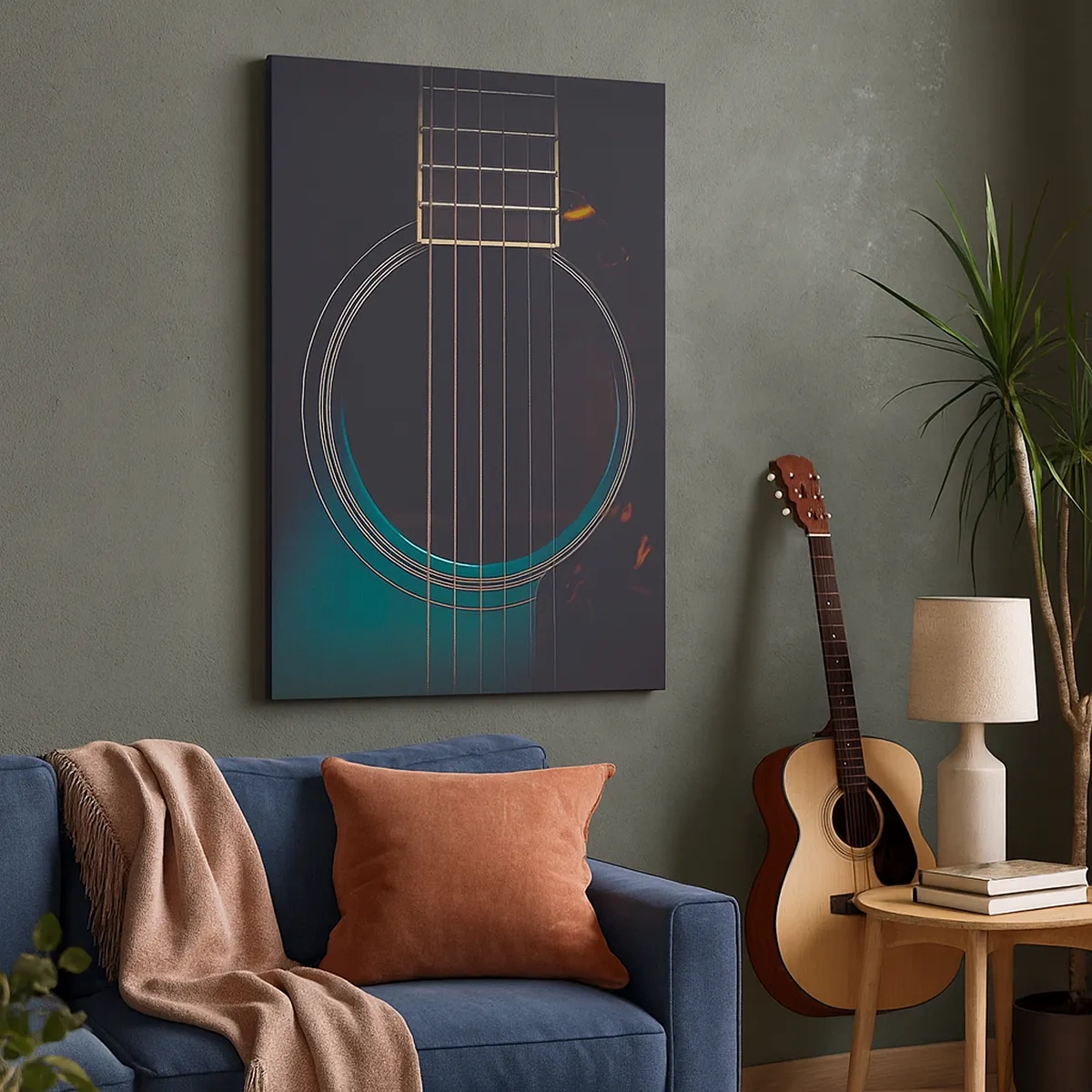 Bild auf Leinwand - Leinwandbild - Akustikgitarre in dunklem, elegantem Licht - 50x70cm - Einen Moment bevor es ertönt - Moderne Wanddekoration für Wohnzimmer und Schlafzimmer ARTTOR