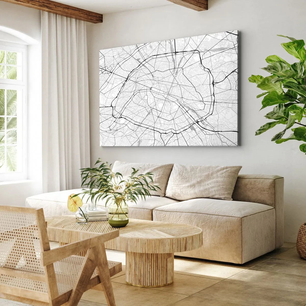 Bild auf Leinwand - Leinwandbild - Minimalistischer Stadtplan in Schwarz-Weiß - 100x70cm - Pariser Blume - Moderne Wanddekoration für Wohnzimmer und Schlafzimmer ARTTOR