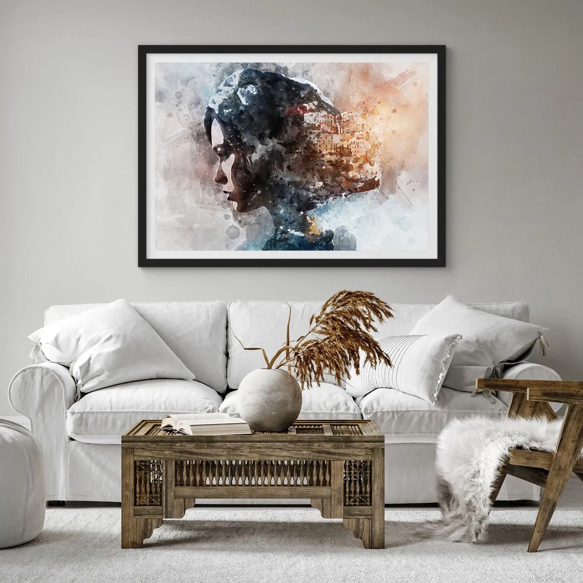 Poster in einem schwarzem Rahmen - Eine Geschichte über ein Mädchen mit einer Stadt im Hintergrund - 50x40 cm