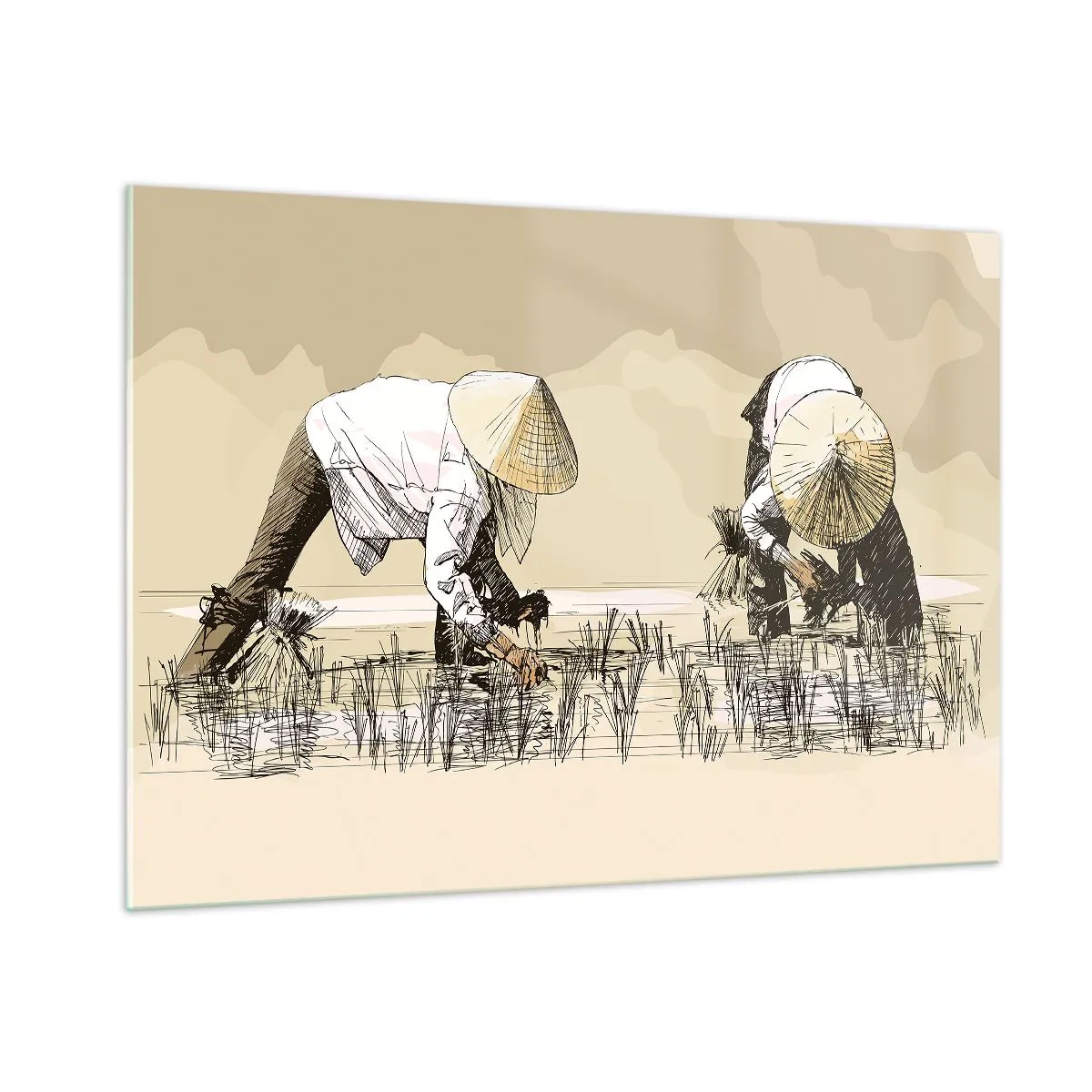 Glasbild - Bild auf glas - Eine minimalistische Illustration von Bauern bei der Arbeit - 100x70cm - Erfolgreiche Ernte - Moderne Wanddekoration für Wohnzimmer und Schlafzimmer ARTTOR