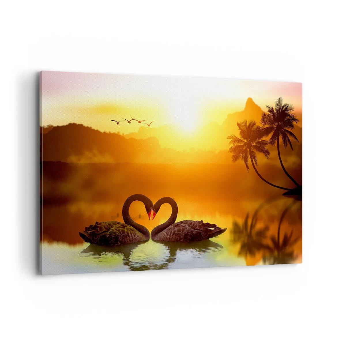 Bild auf Leinwand - Leinwandbild - Zwei schwarze Schwäne bilden ein Herz vor dem Hintergrund eines Sonnenuntergangs am See - 100x70cm - Alles passt zusammen - Moderne Wanddekoration für Wohnzimmer und Schlafzimmer ARTTOR