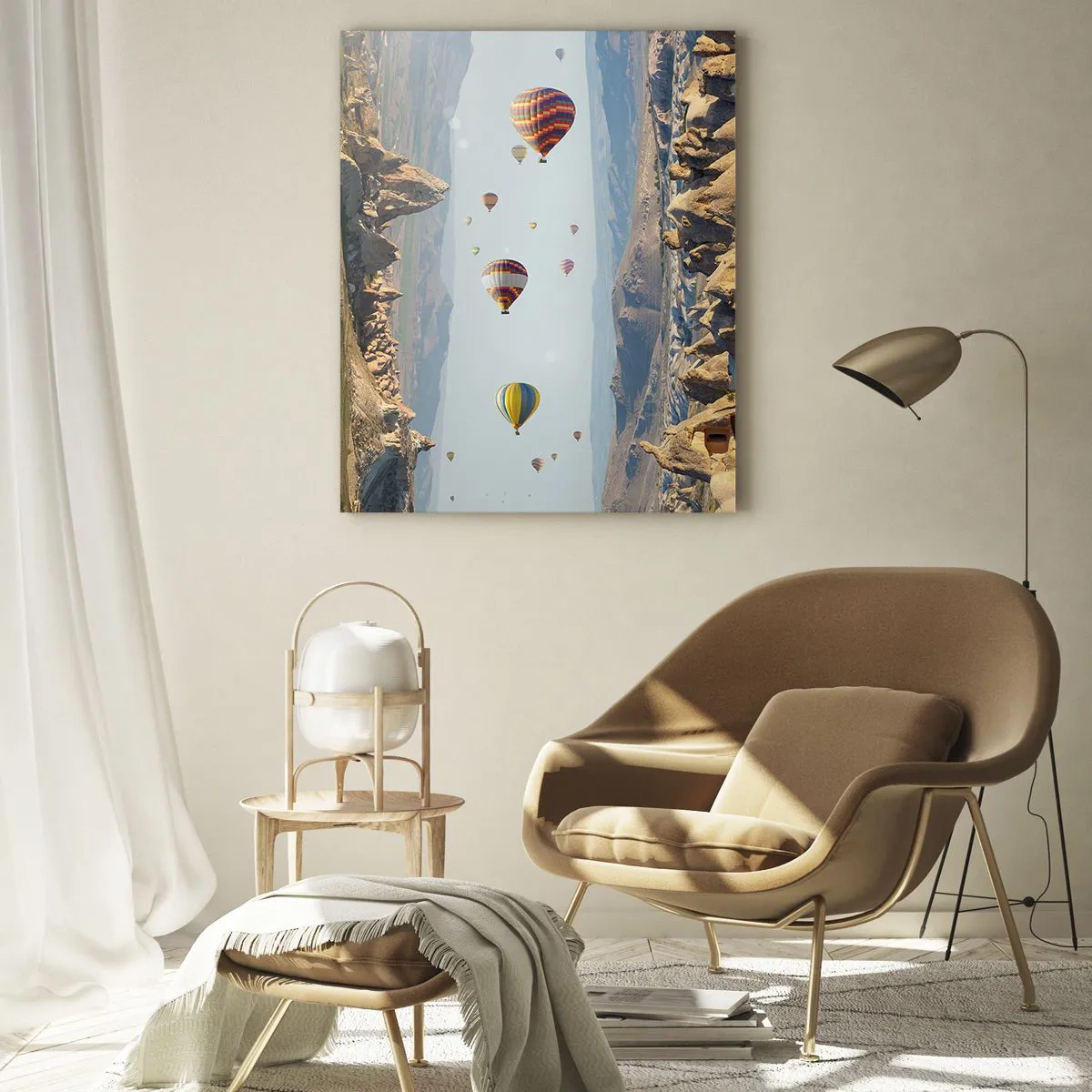 Glasbild - Bild auf glas - Bunte Ballons über einer felsigen Landschaft - 70x100cm - Hier ist alles möglich - Moderne Wanddekoration für Wohnzimmer und Schlafzimmer ARTTOR