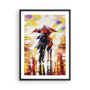 Poster in einem schwarzem Rahmen - Ein Paar unter einem Regenschirm in einer farbenfrohen Abstraktion - 50x70cm - Gemeinsam durch die Nacht und den Regen - Moderne Wanddekoration für Wohnzimmer und Schlafzimmer ARTTOR