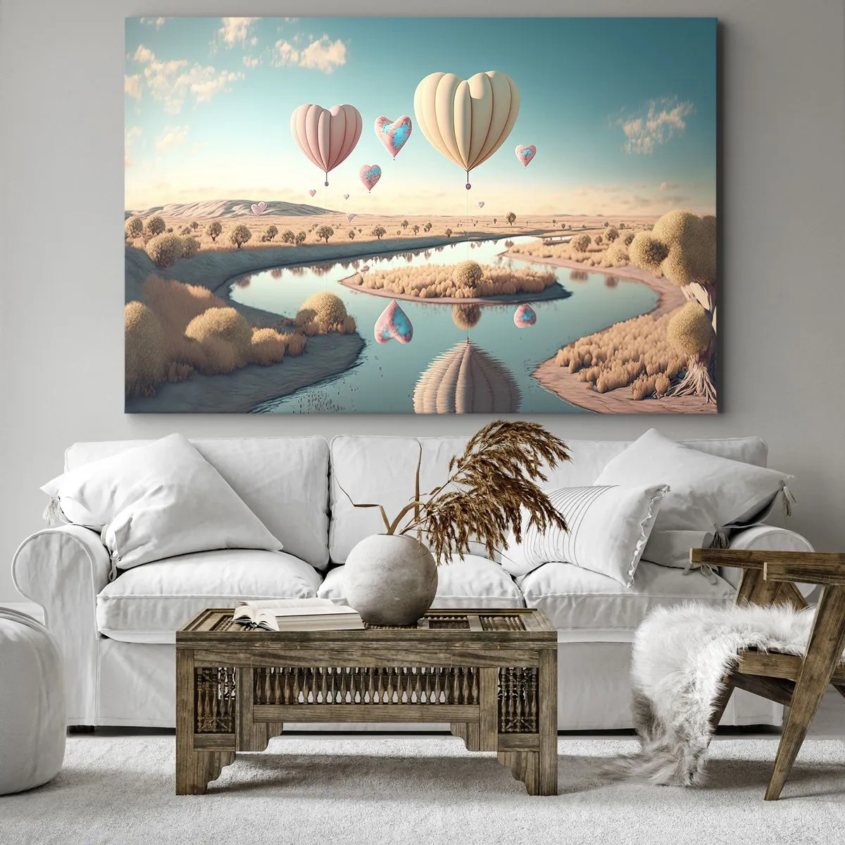 Bild auf Leinwand - Leinwandbild - Herzförmige Ballons schweben über der Landschaft - 70x50cm - Dank Liebe steigt man auf - Moderne Wanddekoration für Wohnzimmer und Schlafzimmer ARTTOR