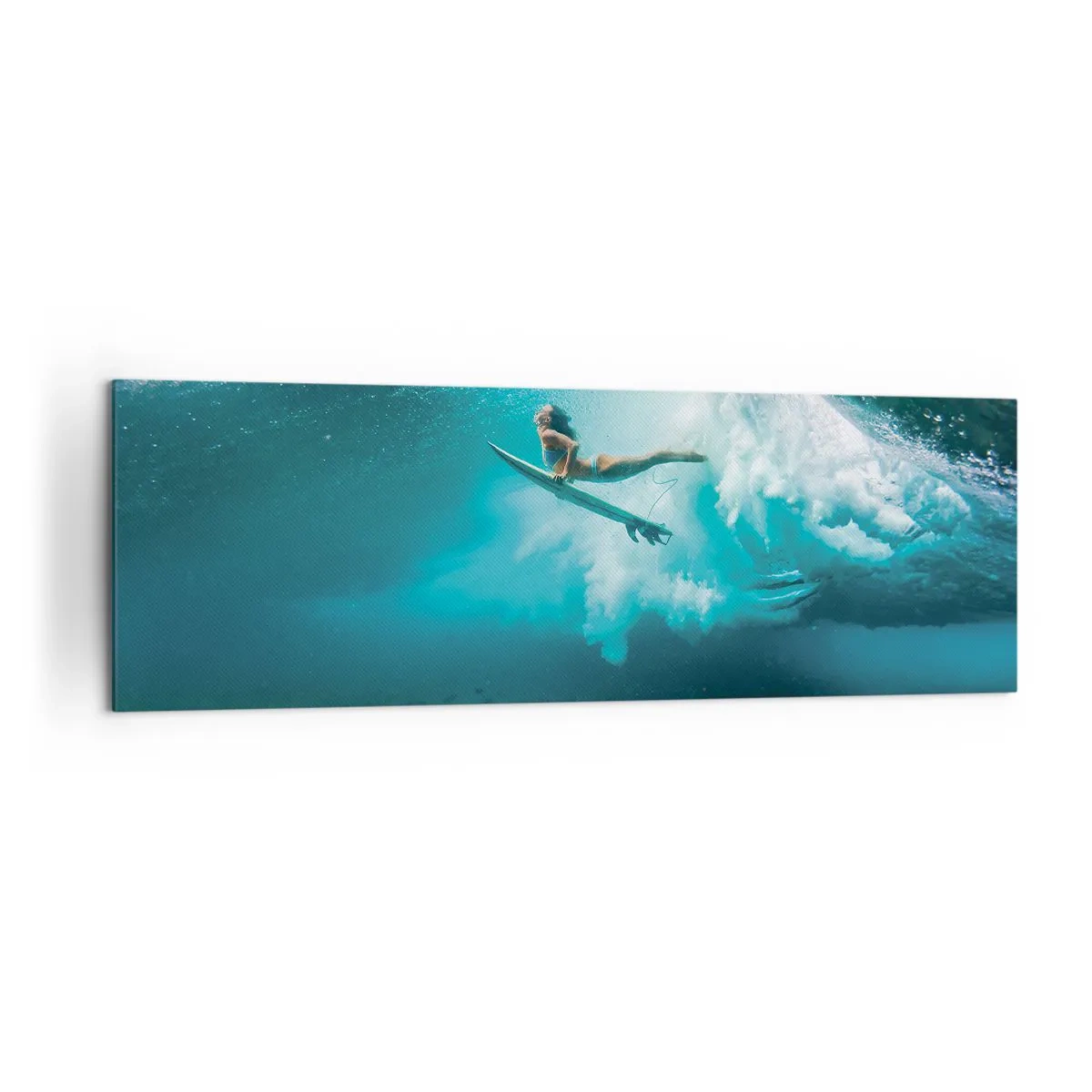 Bild auf Leinwand - Leinwandbild - Surfer unter einer Welle im blauen Ozeanwasser - 160x50cm - Unterwasserwelt - Moderne Wanddekoration für Wohnzimmer und Schlafzimmer ARTTOR
