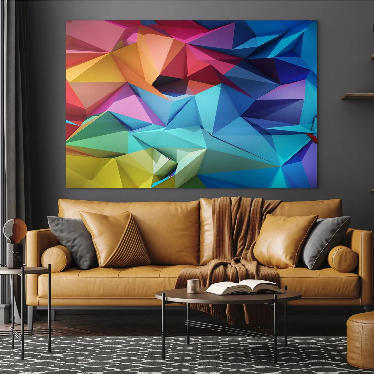 Glasbild - Bild auf glas - Geometrische Komposition in intensiven, mehrfarbigen Farbtönen - 120x80cm - Regenbogen-Origami - Moderne Wanddekoration für Wohnzimmer und Schlafzimmer ARTTOR