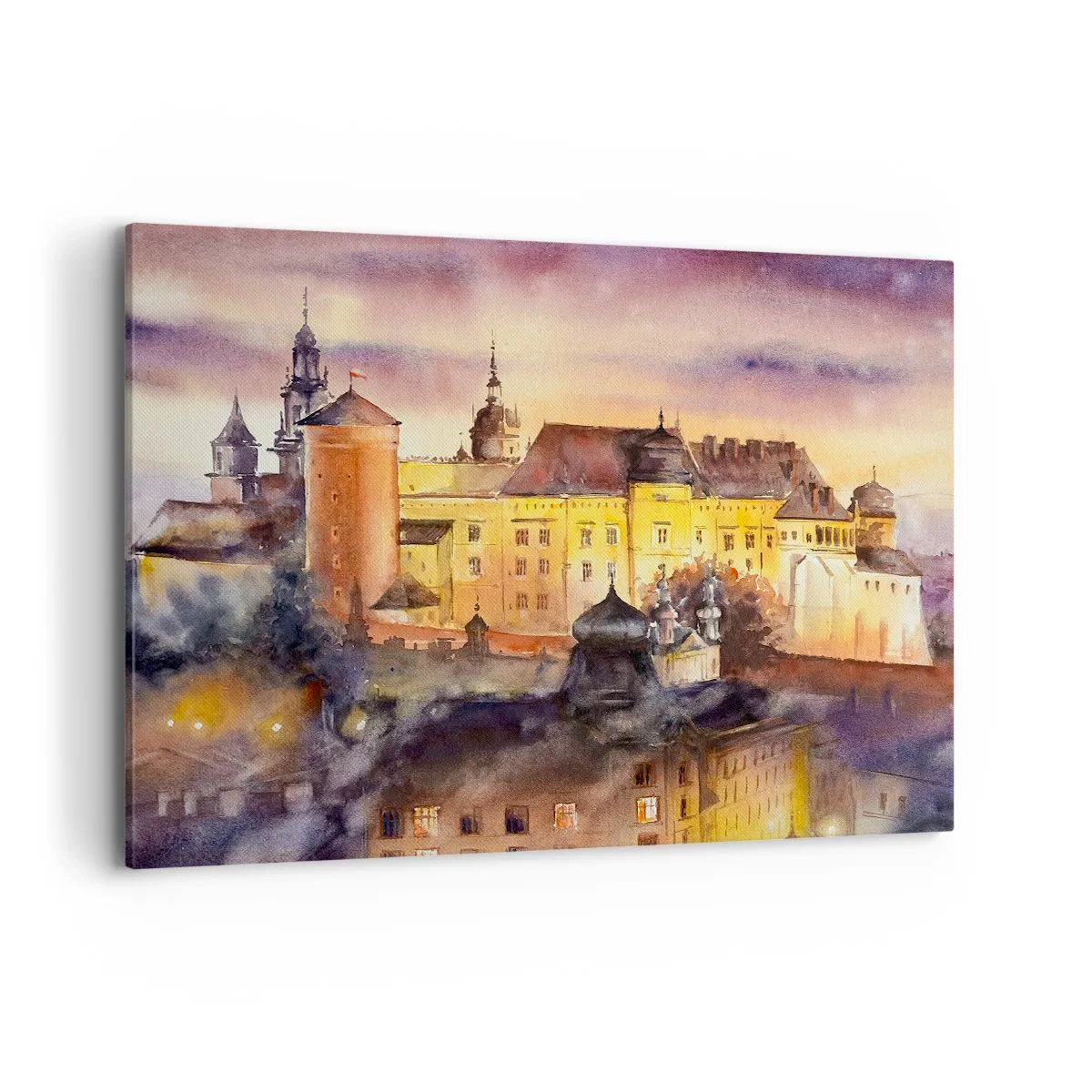 Bild auf Leinwand - Leinwandbild - Ein malerisches Aquarell einer Burg bei Sonnenuntergang - 100x70cm - Geschichte und Märchen - Moderne Wanddekoration für Wohnzimmer und Schlafzimmer ARTTOR