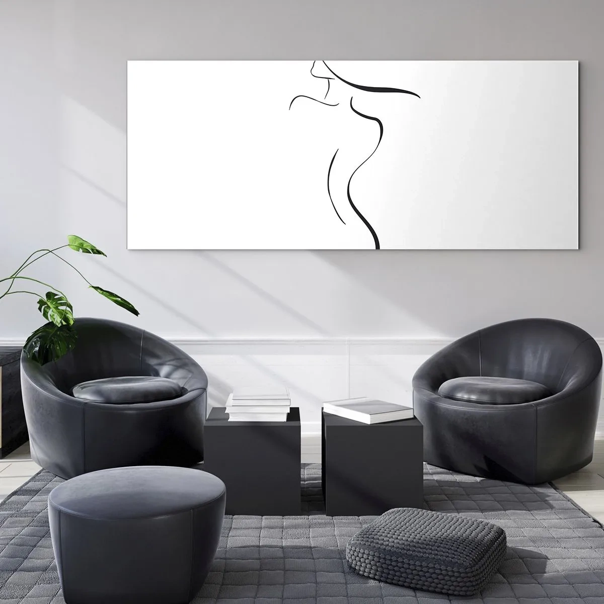 Glasbild - Bild auf glas - Minimalistischer Umriss einer weiblichen Silhouette auf weißem Hintergrund - 140x50cm - Flüchtig wie eine Welle - Moderne Wanddekoration für Wohnzimmer und Schlafzimmer ARTTOR