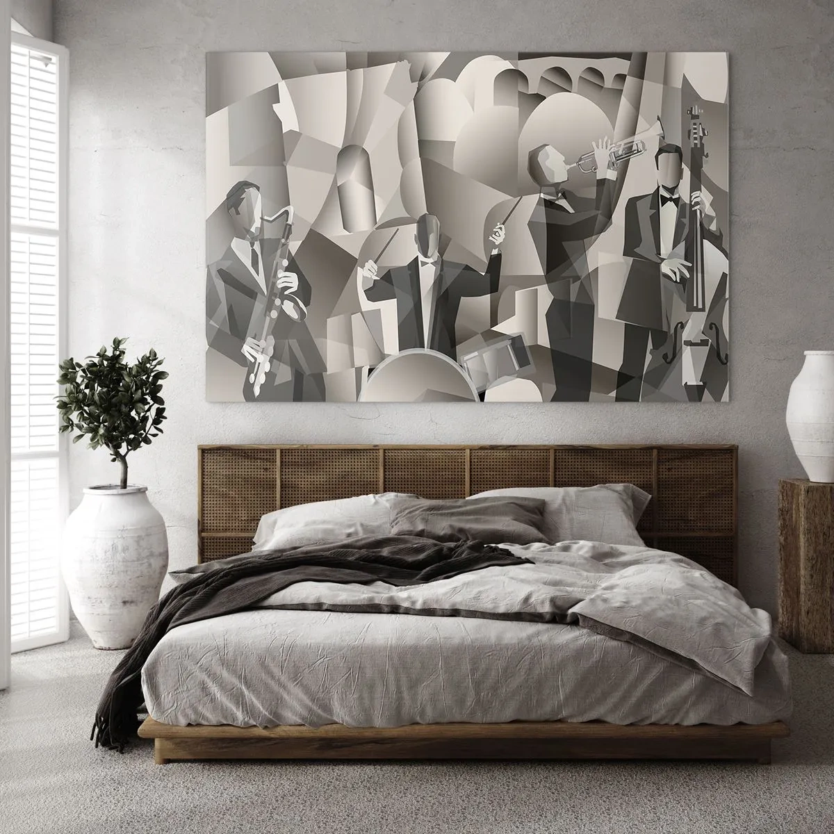 Glasbild - Bild auf glas - Stilisierte Jazzband-Bühne in monochromen Tönen - 120x80cm - Im Raum der Klänge - Moderne Wanddekoration für Wohnzimmer und Schlafzimmer ARTTOR