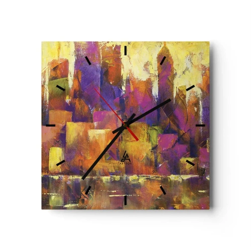 Wanduhr - Glasuhr - Abstrakte Komposition einer Metropole in Gelb- und Lilatönen - 30x30cm - Metropolitische Komposition - Moderne Wanddekoration für Wohnzimmer und Schlafzimmer ARTTOR