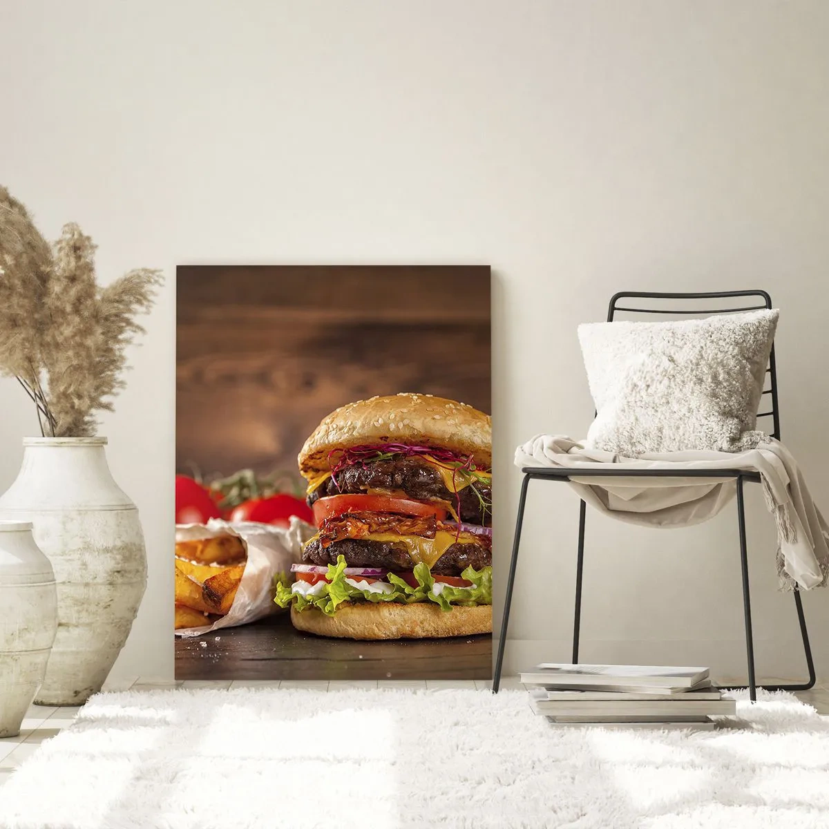 Glasbild - Bild auf glas - Appetitlicher Burger mit Extras - 70x100cm - Die verbotene Frucht - Moderne Wanddekoration für Wohnzimmer und Schlafzimmer ARTTOR