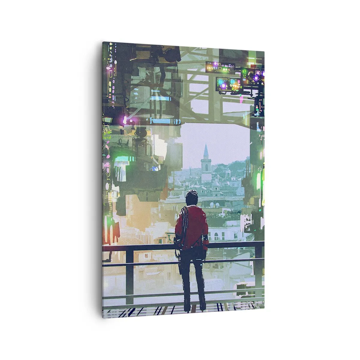 Bild auf Leinwand - Leinwandbild - Eine Figur in einer futuristischen Stadt mit Neonlichtern - 80x120cm - Zwei Welten - Moderne Wanddekoration für Wohnzimmer und Schlafzimmer ARTTOR