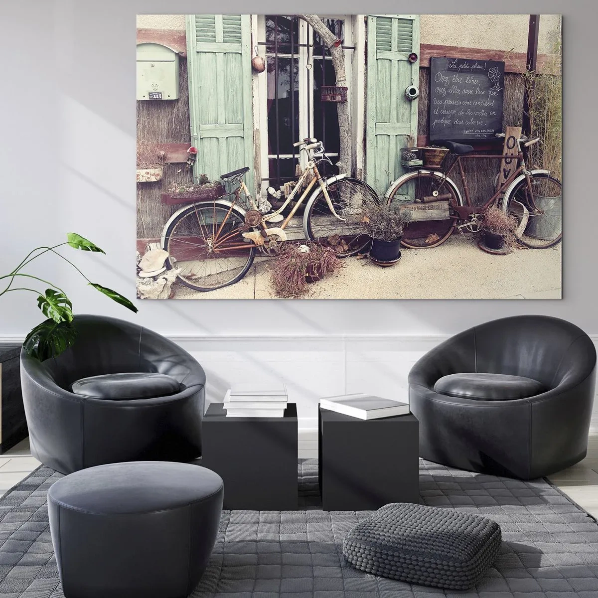 Glasbild - Bild auf glas - Provinzielle Landschaft mit Fahrrädern - 120x80cm - Es lebe die Provinz - Moderne Wanddekoration für Wohnzimmer und Schlafzimmer ARTTOR