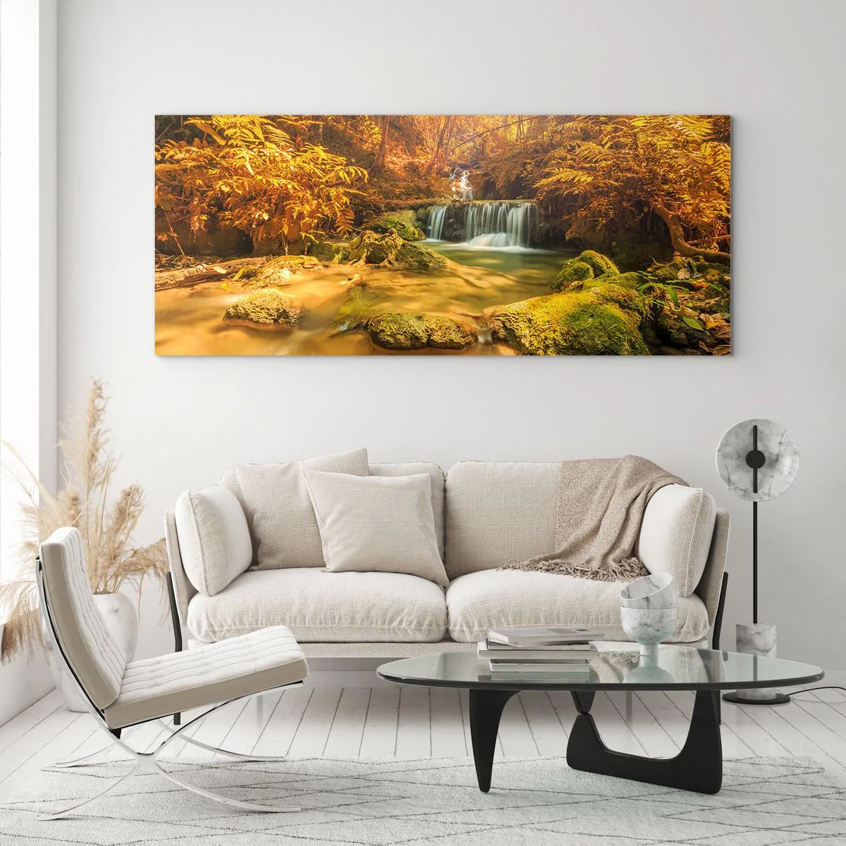 Glasbild - Bild auf glas - Waldkaskade in Gold - 90x30 cm