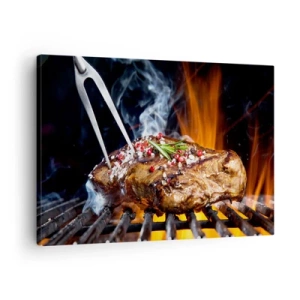 Bild auf Leinwand - Leinwandbild - Gegrilltes Steak auf einem Grill mit Gewürzen - 70x50cm - Saftig und duftend - Moderne Wanddekoration für Wohnzimmer und Schlafzimmer ARTTOR