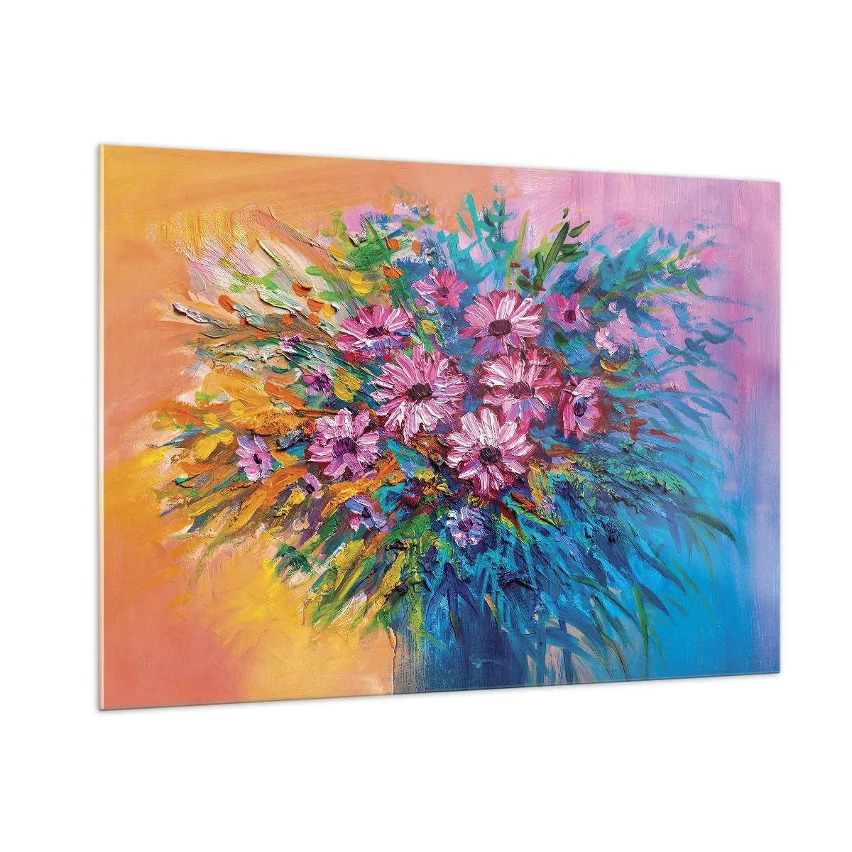 Glasbild - Bild auf glas - Ein Strauß rosa Blumen in einer kunstvollen, farbenfrohen Komposition - 100x70cm - Lebensenergie - Moderne Wanddekoration für Wohnzimmer und Schlafzimmer ARTTOR
