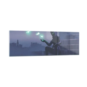Glasbild - Bild auf glas - Eine vermummte Figur mit magischen Vögeln im Hintergrund einer Stadt - 160x50cm - Das Leben wird zurückkommen - Moderne Wanddekoration für Wohnzimmer und Schlafzimmer ARTTOR