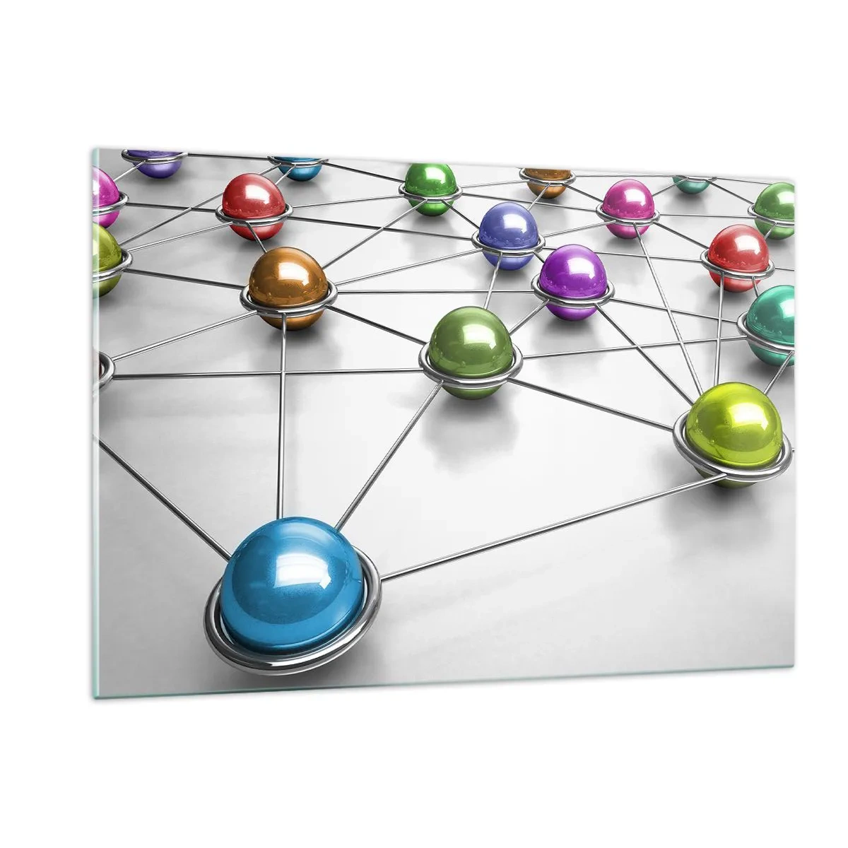 Glasbild - Bild auf glas - Bunte Kugeln, die durch Linien auf hellem Hintergrund verbunden sind - 120x80cm - Kosmisches Spinnennetz - Moderne Wanddekoration für Wohnzimmer und Schlafzimmer ARTTOR