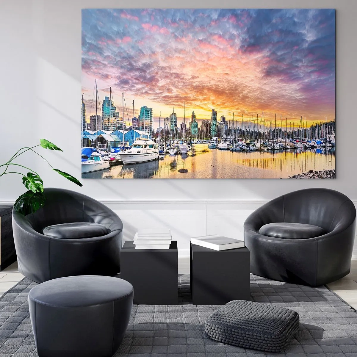 Glasbild - Bild auf glas - Sonnenuntergang über dem Yachthafen mit Booten und Wolkenkratzern - 70x50cm - Die Stadt der tausend Seefahrer - Moderne Wanddekoration für Wohnzimmer und Schlafzimmer ARTTOR