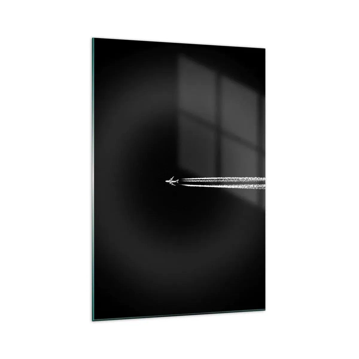 Glasbild - Bild auf glas - Ein Düsenflugzeug mit sichtbarem Kondensstreifen auf schwarzem Hintergrund - 70x100cm - In eine andere Dimension - Moderne Wanddekoration für Wohnzimmer und Schlafzimmer ARTTOR