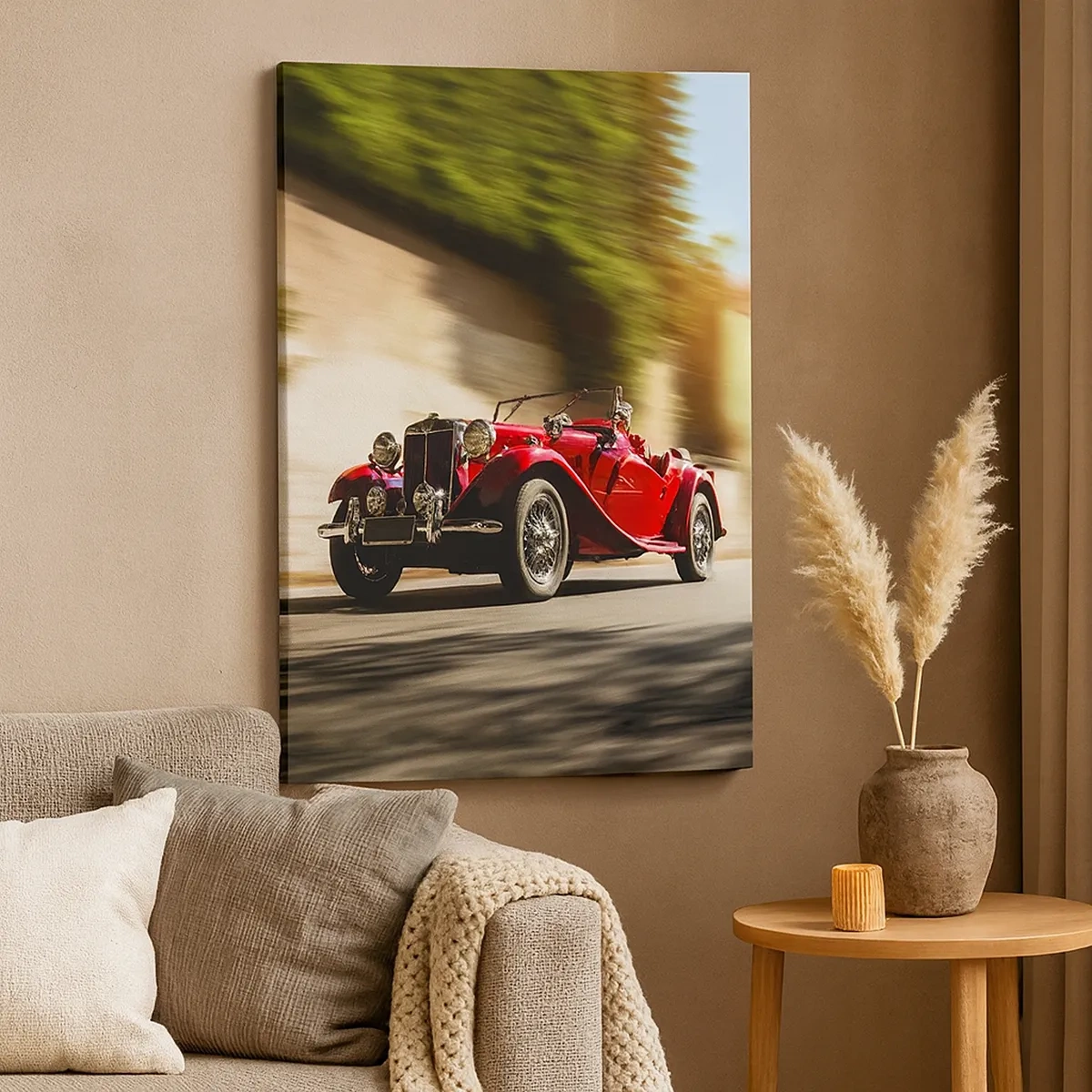 Bild auf Leinwand - Leinwandbild - Roter Oldtimer in Bewegung auf einer sonnigen Straße - 50x70cm - Schöner als Nike von Samothrake - Moderne Wanddekoration für Wohnzimmer und Schlafzimmer ARTTOR
