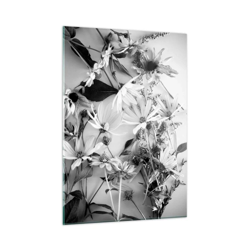Glasbild - Bild auf glas - Verstreute schwarz-weiße Blumen in einem kunstvollen Arrangement - 50x70cm - Kein Blumenstrauß - Moderne Wanddekoration für Wohnzimmer und Schlafzimmer ARTTOR