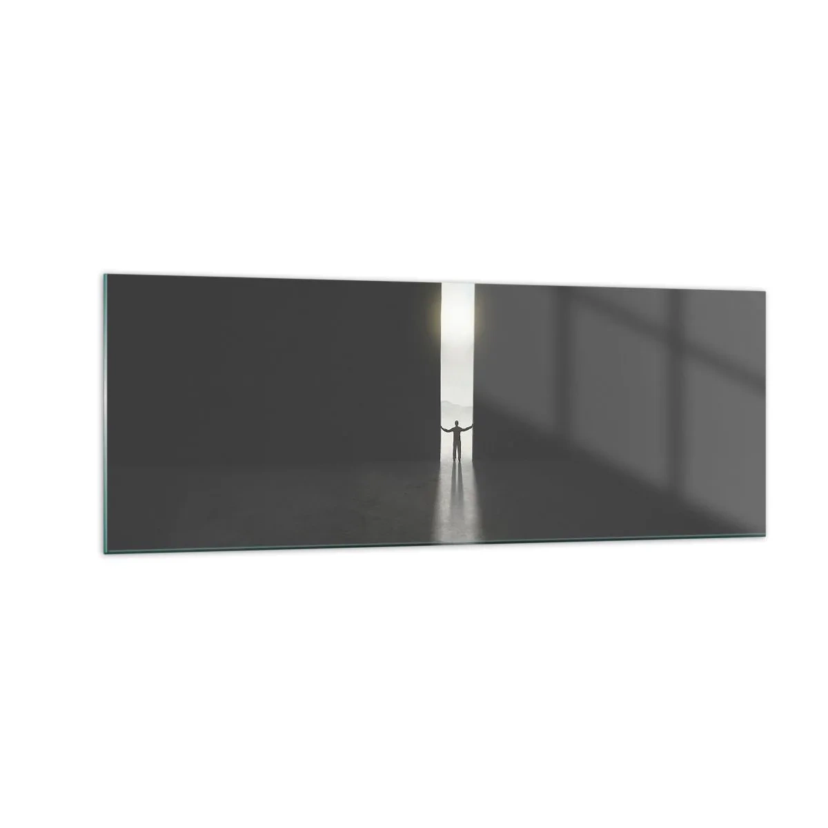 Glasbild - Bild auf glas - Ein Mann steht im Licht eines schmalen Schlitzes in einem dunklen Raum - 140x50cm - Ein Schritt in eine strahlende Zukunft - Moderne Wanddekoration für Wohnzimmer und Schlafzimmer ARTTOR