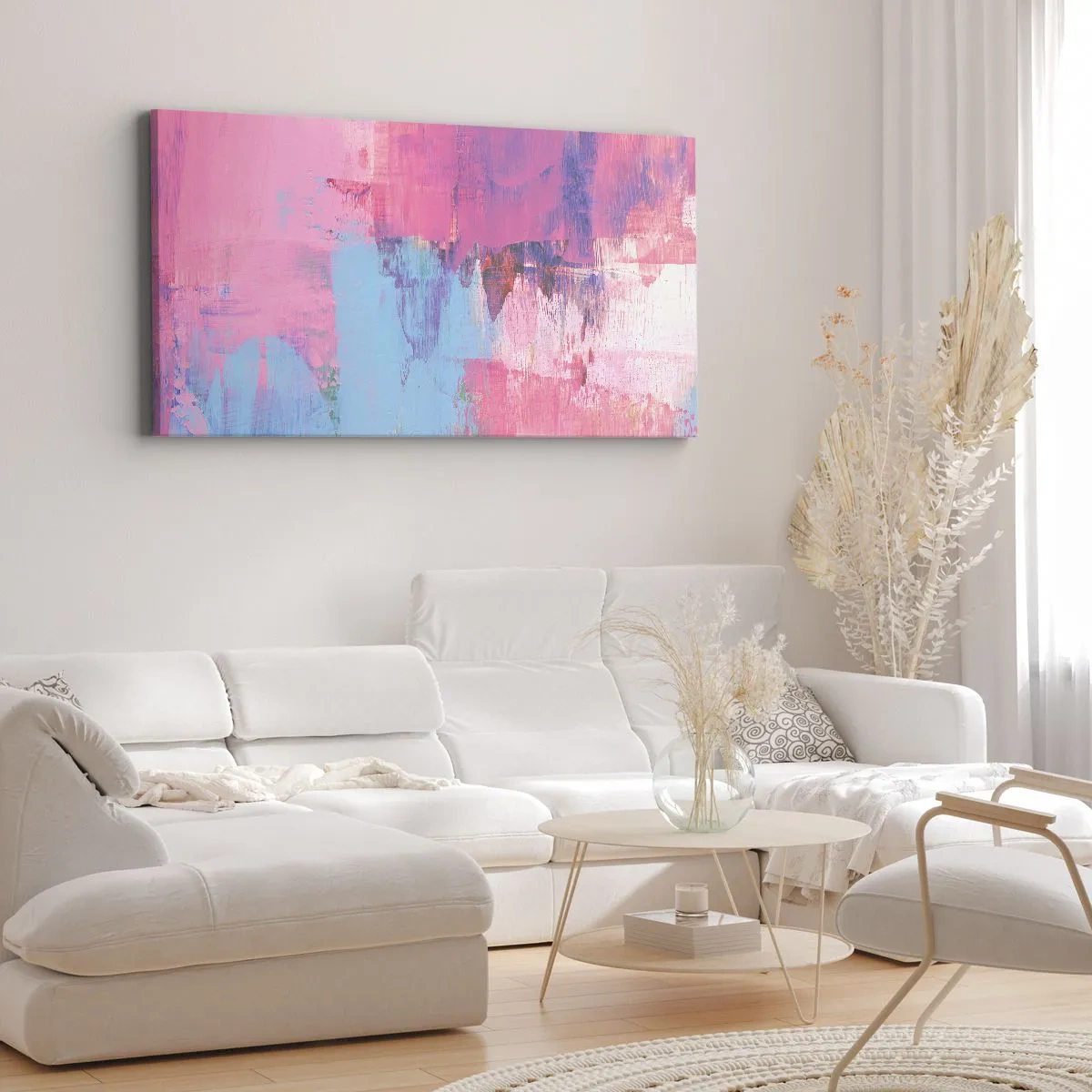 Bild auf Leinwand - Leinwandbild - Abstrakte Komposition in Pink und Blau - 140x50cm - Rosa, Blau und eine Prise Licht - Moderne Wanddekoration für Wohnzimmer und Schlafzimmer ARTTOR