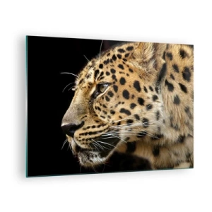 Glasbild - Bild auf glas - Profil eines Leoparden auf schwarzem Hintergrund - 70x50cm - Ruhig, fokussiert, bereit - Moderne Wanddekoration für Wohnzimmer und Schlafzimmer ARTTOR
