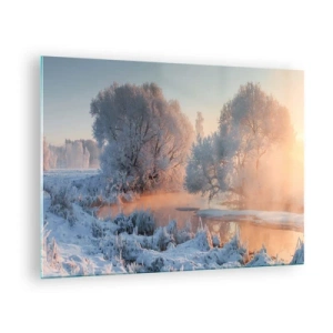 Glasbild - Bild auf glas - Winterlandschaft mit zugefrorenem See und Morgennebel - 70x50cm - Alles im Kristall glänzt in der Sonne - Moderne Wanddekoration für Wohnzimmer und Schlafzimmer ARTTOR