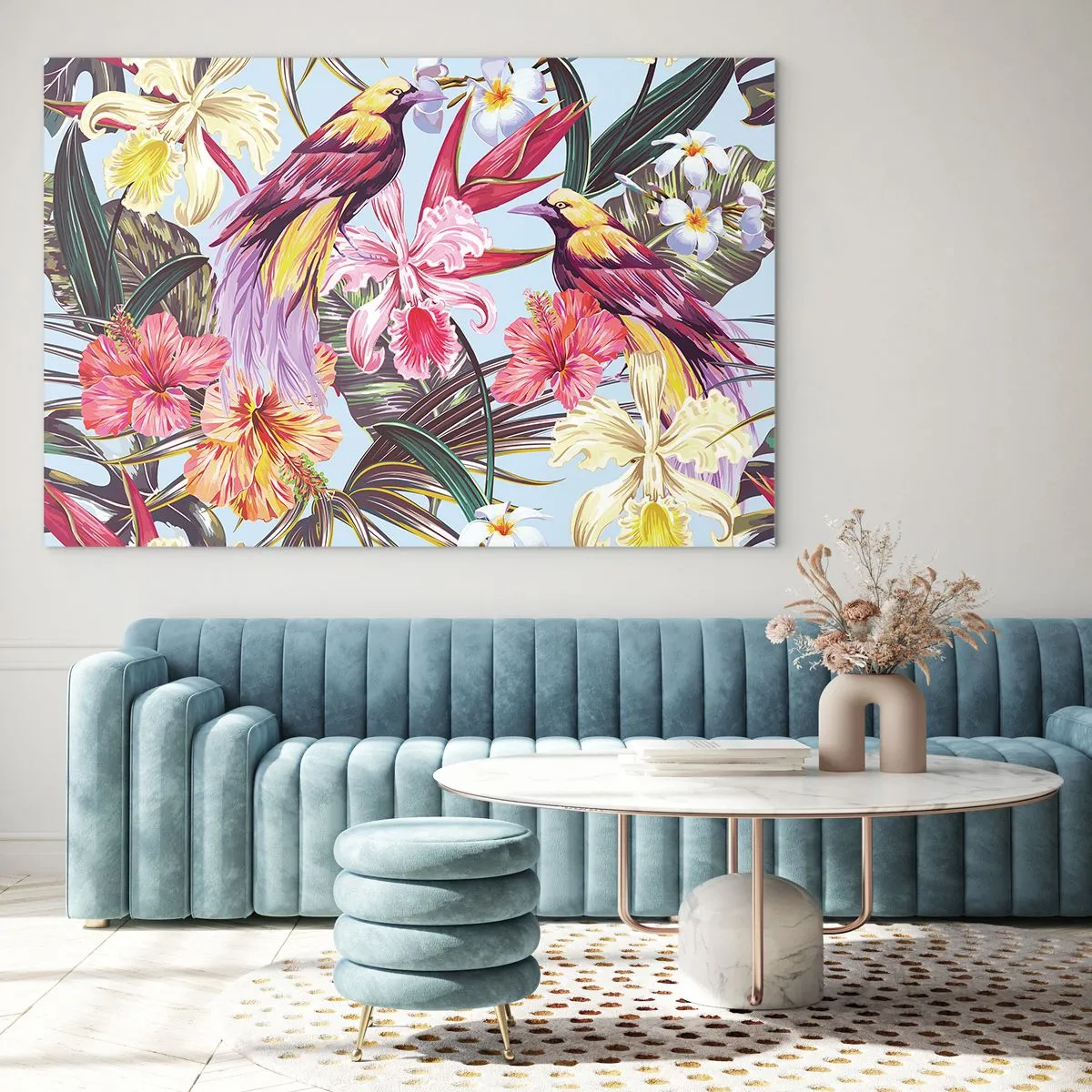 Glasbild - Bild auf glas - Exotische Vögel und Blumen auf hellem Hintergrund - 120x80cm - Blütenblätter und Federn - Moderne Wanddekoration für Wohnzimmer und Schlafzimmer ARTTOR