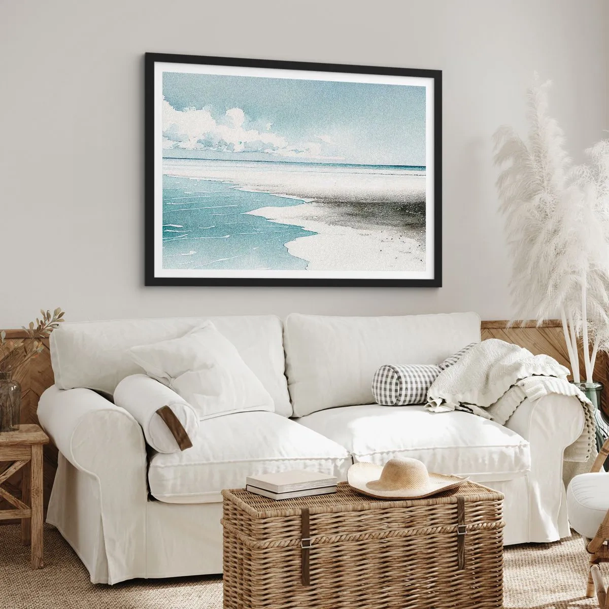 Poster in einem schwarzem Rahmen - Ruhiges Meer und Strand in hellen Blautönen - 100x70cm - Sanfte Flut - Moderne Wanddekoration für Wohnzimmer und Schlafzimmer ARTTOR