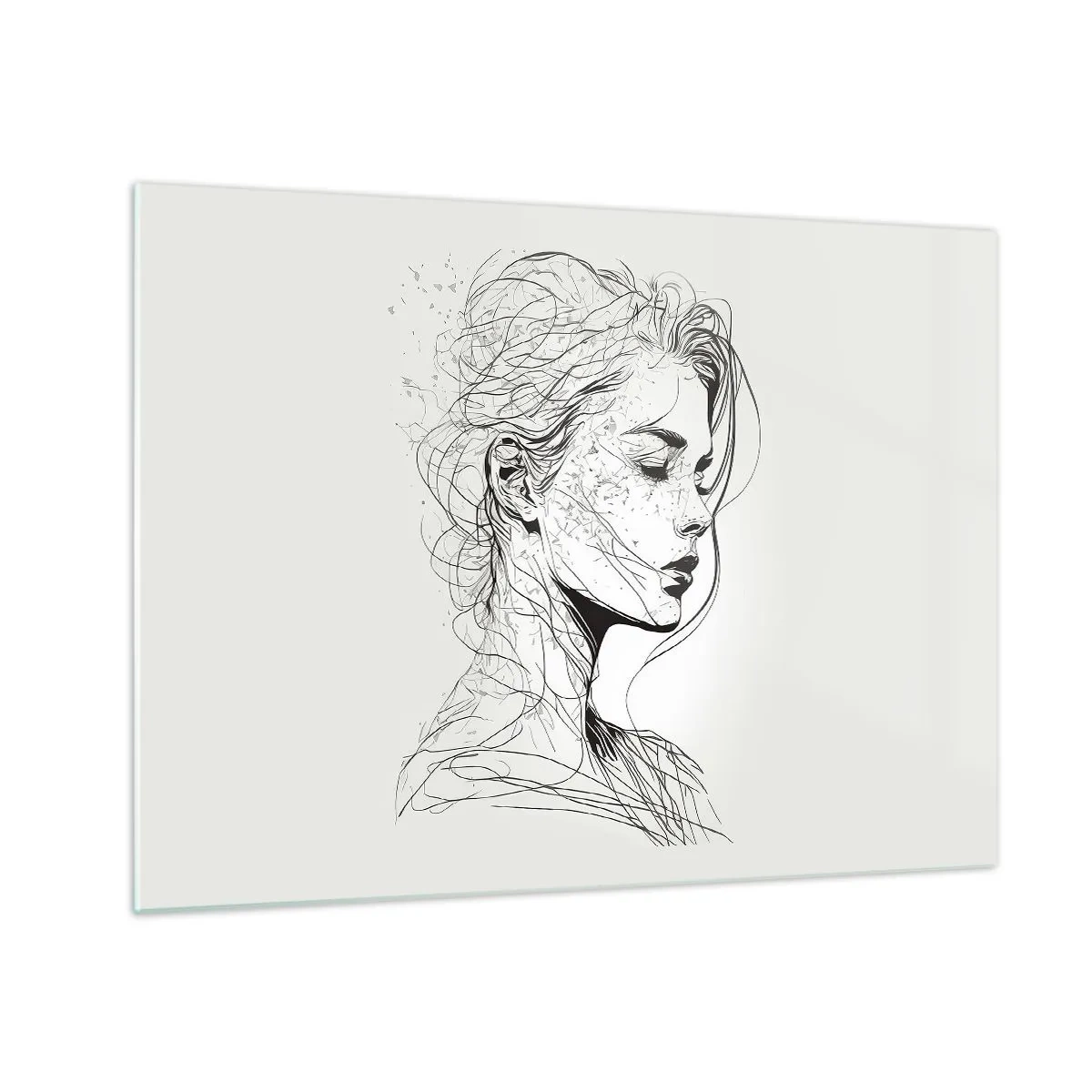 Glasbild - Bild auf glas - Eine Schwarz-Weiß-Skizze einer Frau mit geschlossenen Augen in einer zarten Linie. - 70x50cm - Porträt im Gedanken - Moderne Wanddekoration für Wohnzimmer und Schlafzimmer ARTTOR