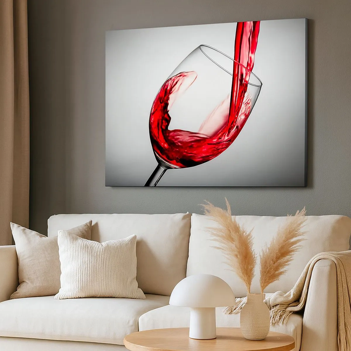Bild auf Leinwand - Leinwandbild - Ein Glas Rotwein wird vor hellem Hintergrund eingeschenkt - 70x50cm - Farbe – Bewegung – Klang - Moderne Wanddekoration für Wohnzimmer und Schlafzimmer ARTTOR