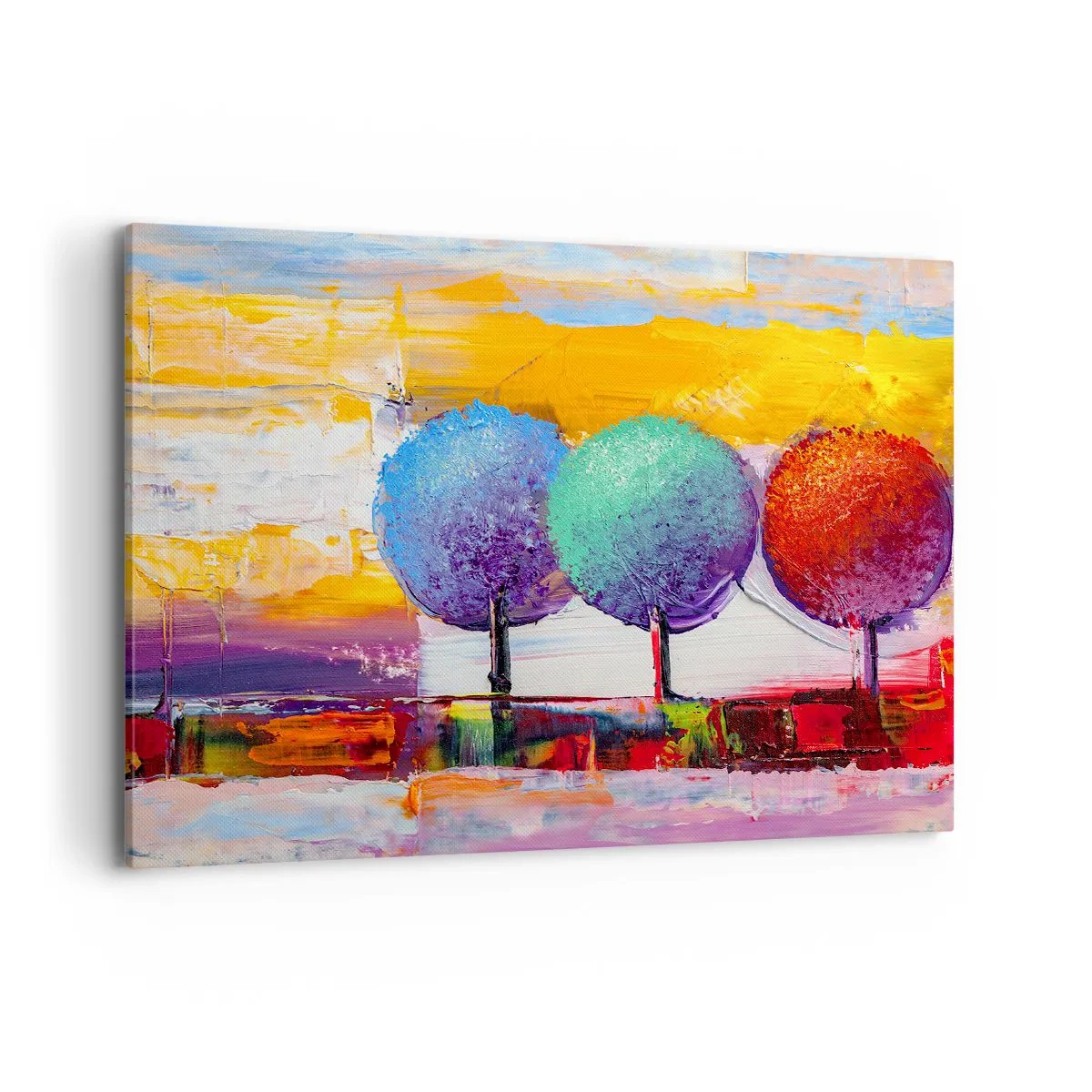 Bild auf Leinwand - Leinwandbild - Drei bunte Bäume auf abstraktem Hintergrund - 100x70cm - Aller guten Dinge sind drei - Moderne Wanddekoration für Wohnzimmer und Schlafzimmer ARTTOR