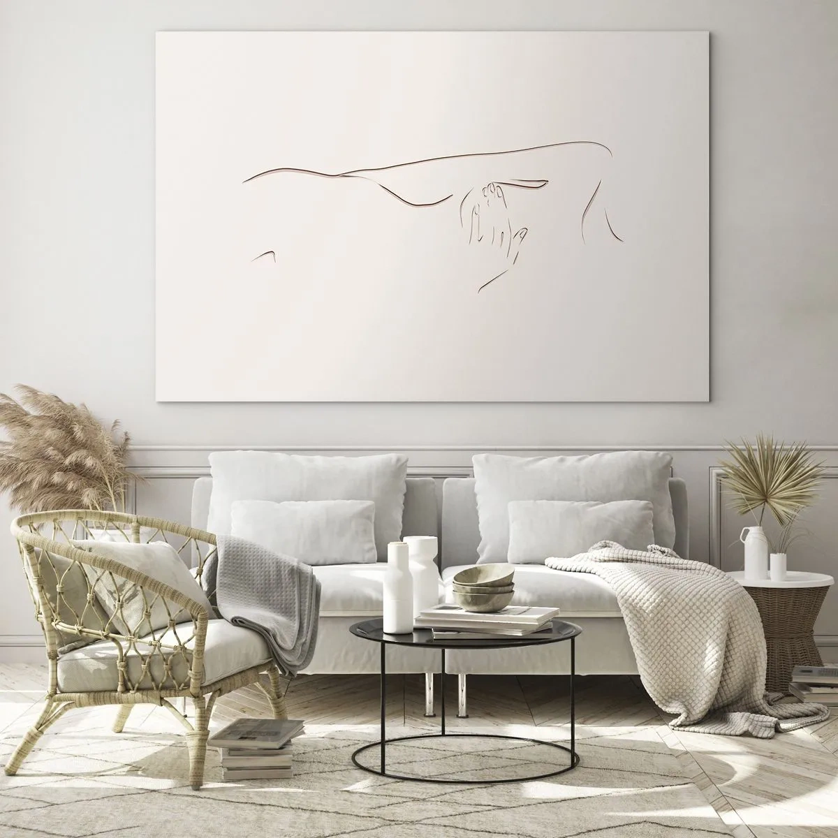 Glasbild - Bild auf glas - Eine abstrakte Linie, die die Umrisse eines Körpers in einem zarten, minimalistischen Stil darstellt. - 120x80cm - Die Form des Verlangens - Moderne Wanddekoration für Wohnzimmer und Schlafzimmer ARTTOR