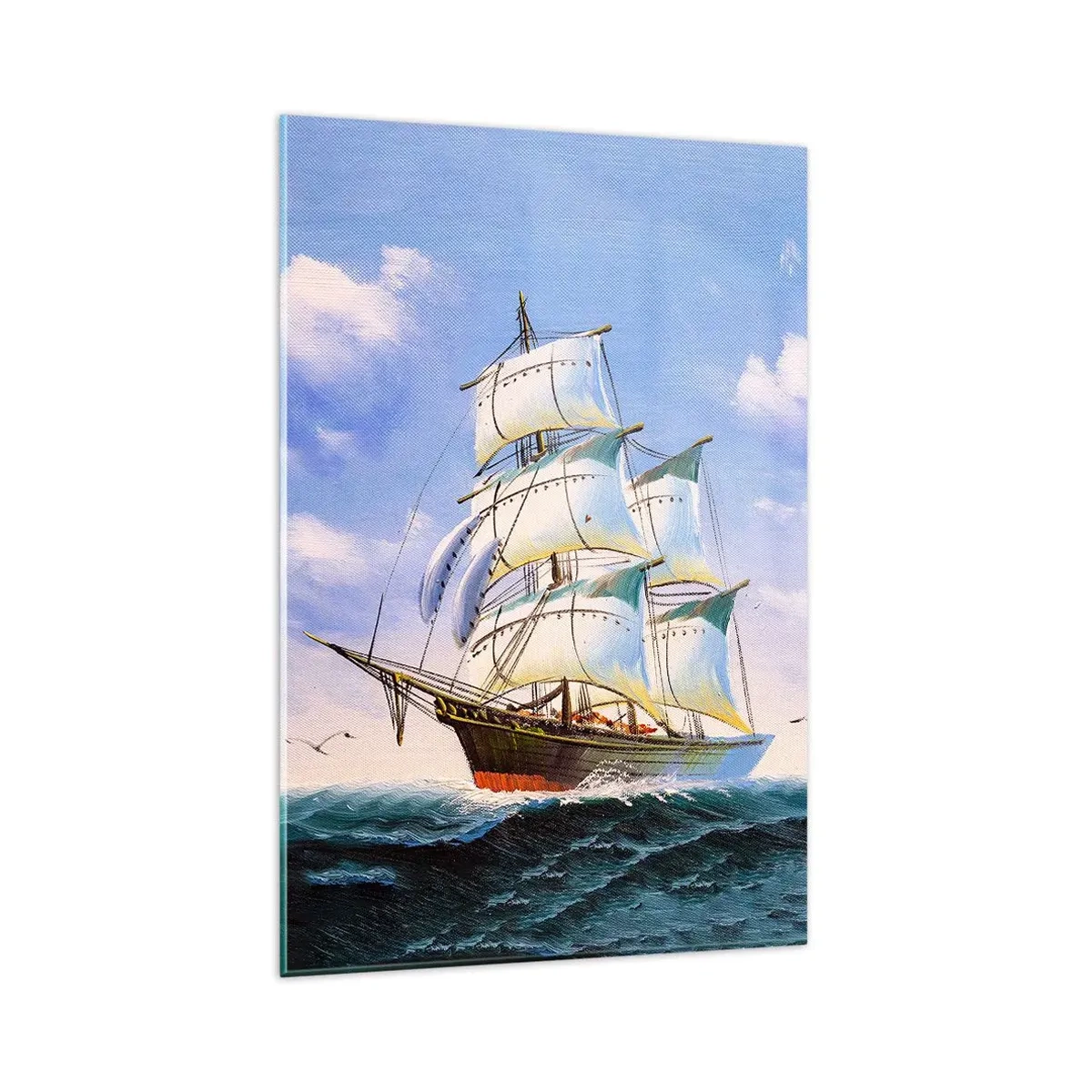 Glasbild - Bild auf glas - Ein Segelschiff auf offener See unter blauem Himmel - 80x120cm - Mit Stolz mit dem Wind - Moderne Wanddekoration für Wohnzimmer und Schlafzimmer ARTTOR