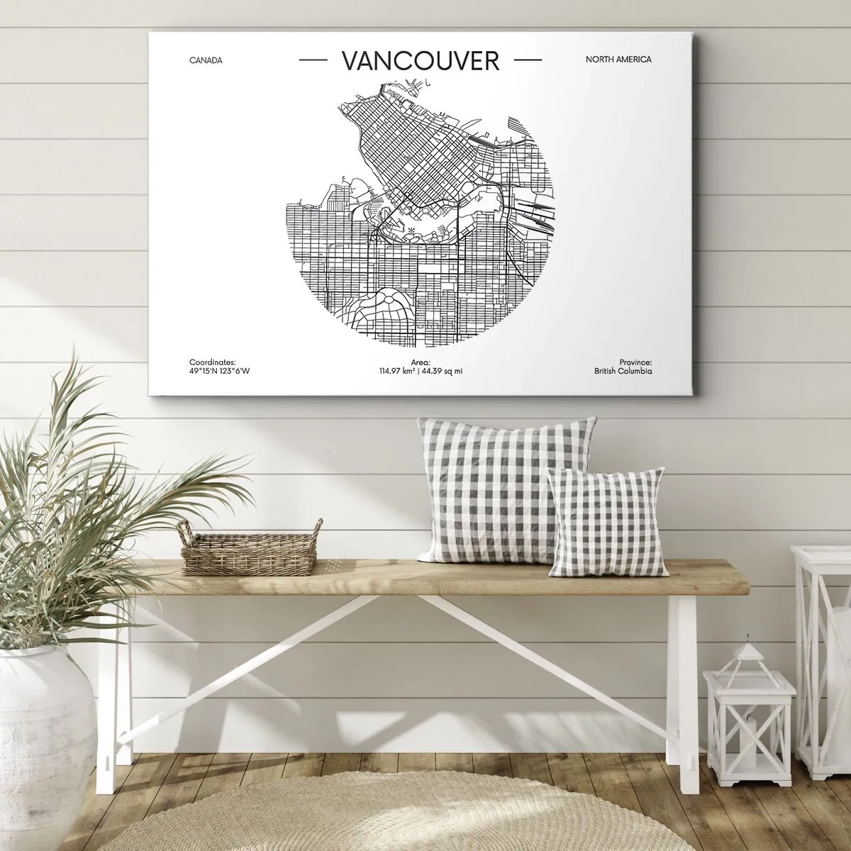 Bild auf Leinwand - Leinwandbild - Eine Karte von Vancouver im minimalistischen Schwarz-Weiß-Stil - 120x80cm - Anatomie von Vacouver - Moderne Wanddekoration für Wohnzimmer und Schlafzimmer ARTTOR