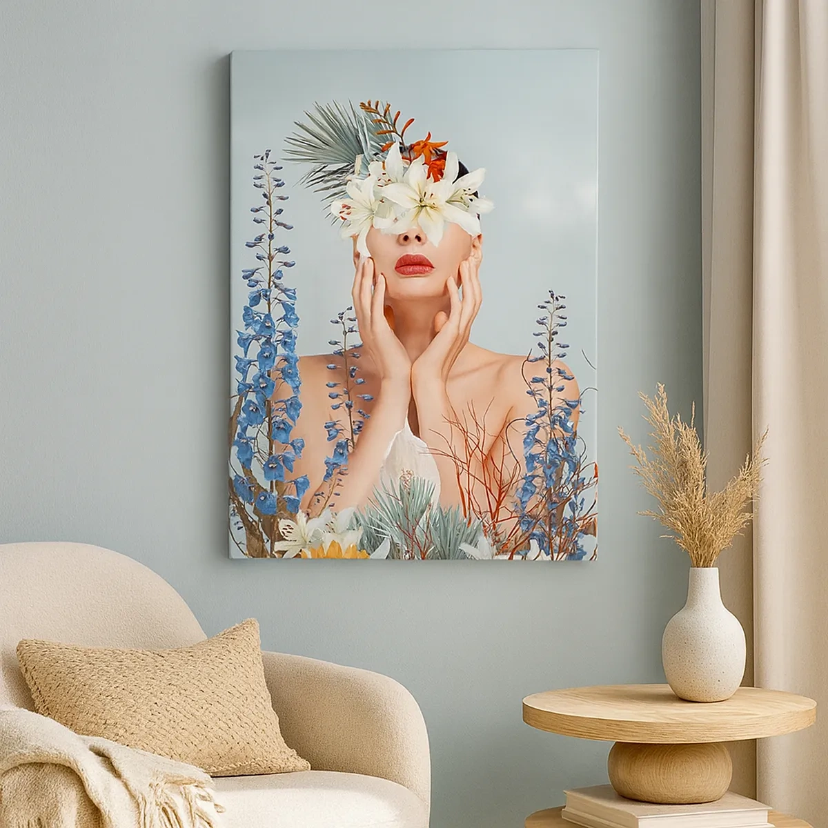Bild auf Leinwand - Leinwandbild - Frauenporträt mit floralem Motiv vor blauem Hintergrund - 50x70cm - Frau - Blume - Moderne Wanddekoration für Wohnzimmer und Schlafzimmer ARTTOR