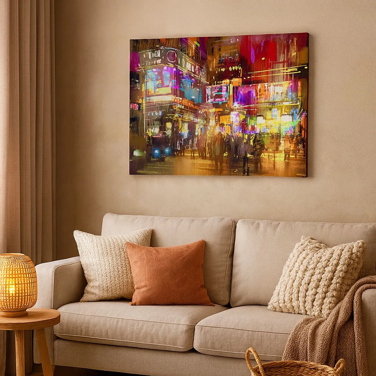 Bild auf Leinwand - Leinwandbild - Eine pulsierende Stadt bei Nacht im Neonlicht - 70x50cm - In einem Lichtermeer - Moderne Wanddekoration für Wohnzimmer und Schlafzimmer ARTTOR