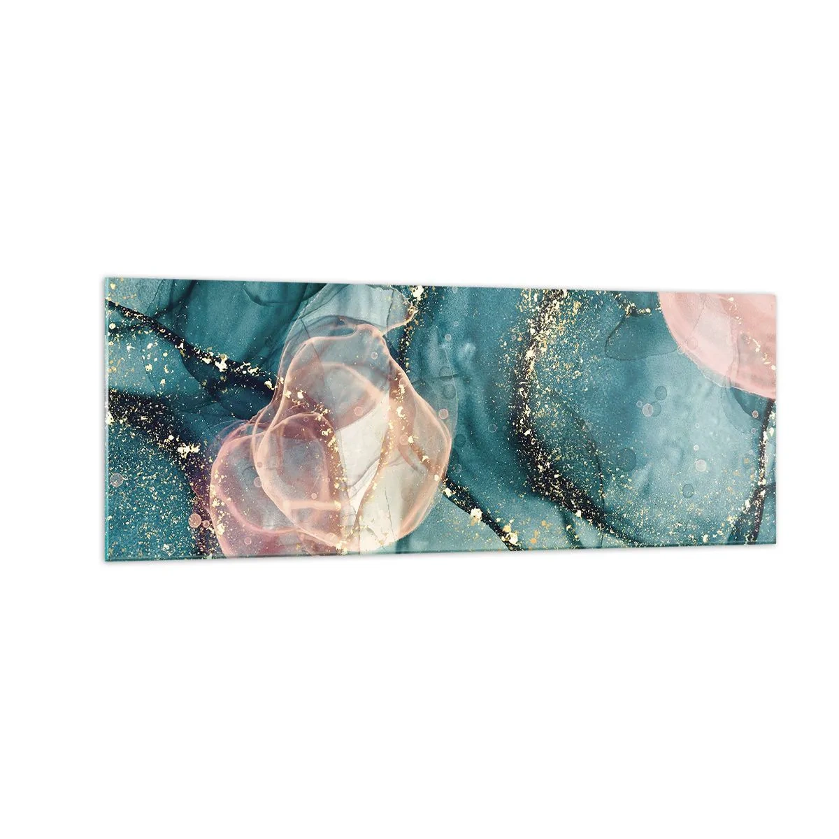 Glasbild - Bild auf glas - Eine abstrakte Komposition in Türkis- und Goldtönen. - 140x50cm - Seidenblau, Tüllrosa - Moderne Wanddekoration für Wohnzimmer und Schlafzimmer ARTTOR