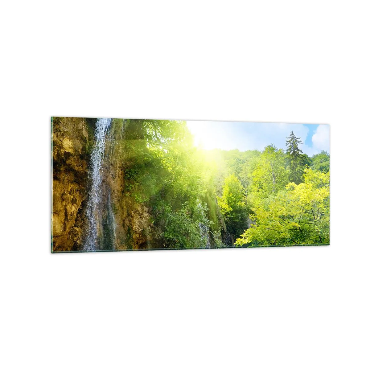 Glasbild - Bild auf glas - Ein Wasserfall, der in einen türkisfarbenen See fließt, umgeben von Grün - 120x50cm - Es muss Eden sein - Moderne Wanddekoration für Wohnzimmer und Schlafzimmer ARTTOR