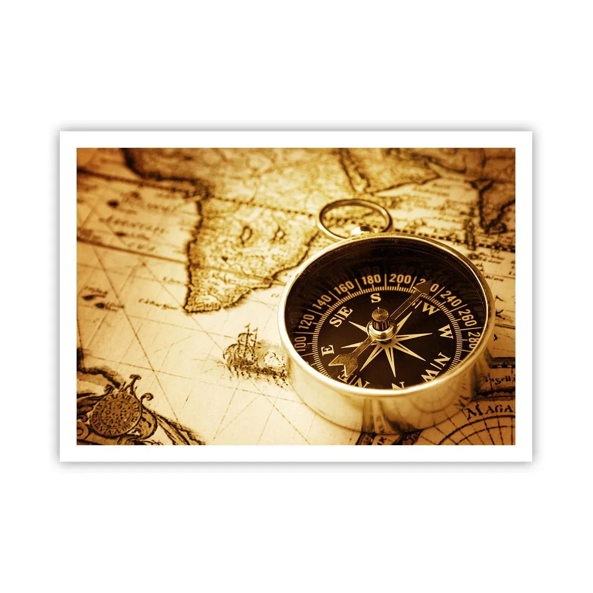 Poster - Ein antiker Kompass vor dem Hintergrund einer alten Weltkarte - 100x70cm - Ost oder West? - Moderne Wanddekoration für Wohnzimmer und Schlafzimmer ARTTOR