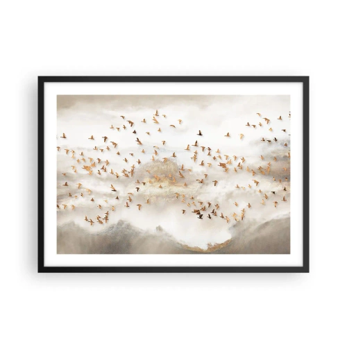 Poster in einem schwarzem Rahmen - Goldene Vögel vor den nebligen Bergen - 70x50cm - Es ist schon die Zeit… - Moderne Wanddekoration für Wohnzimmer und Schlafzimmer ARTTOR