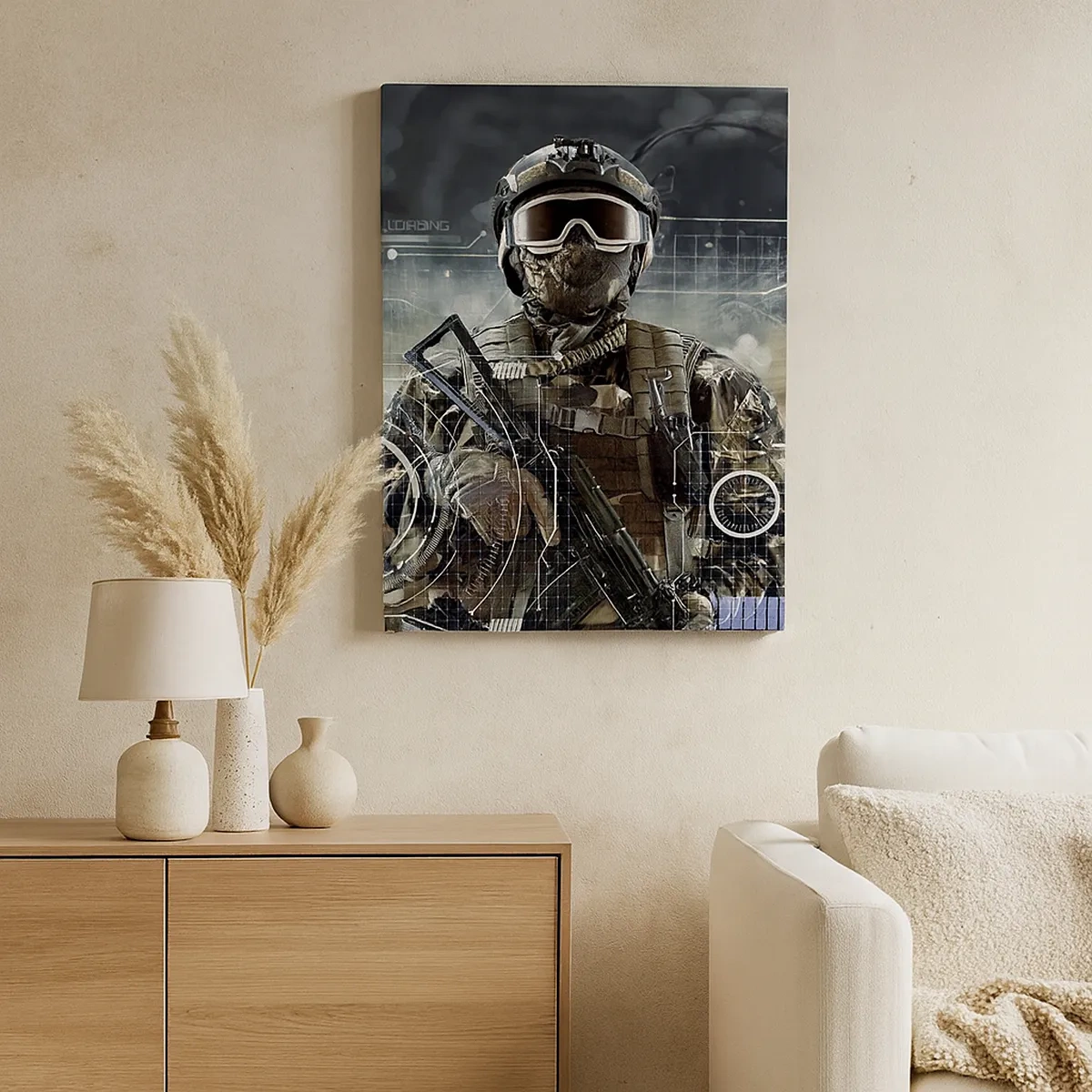 Bild auf Leinwand - Leinwandbild - Ein Soldat in einem futuristischen Helm mit einer Waffe vor dem Hintergrund der Technologie. - 50x70cm - Macht zu Macht - Moderne Wanddekoration für Wohnzimmer und Schlafzimmer ARTTOR