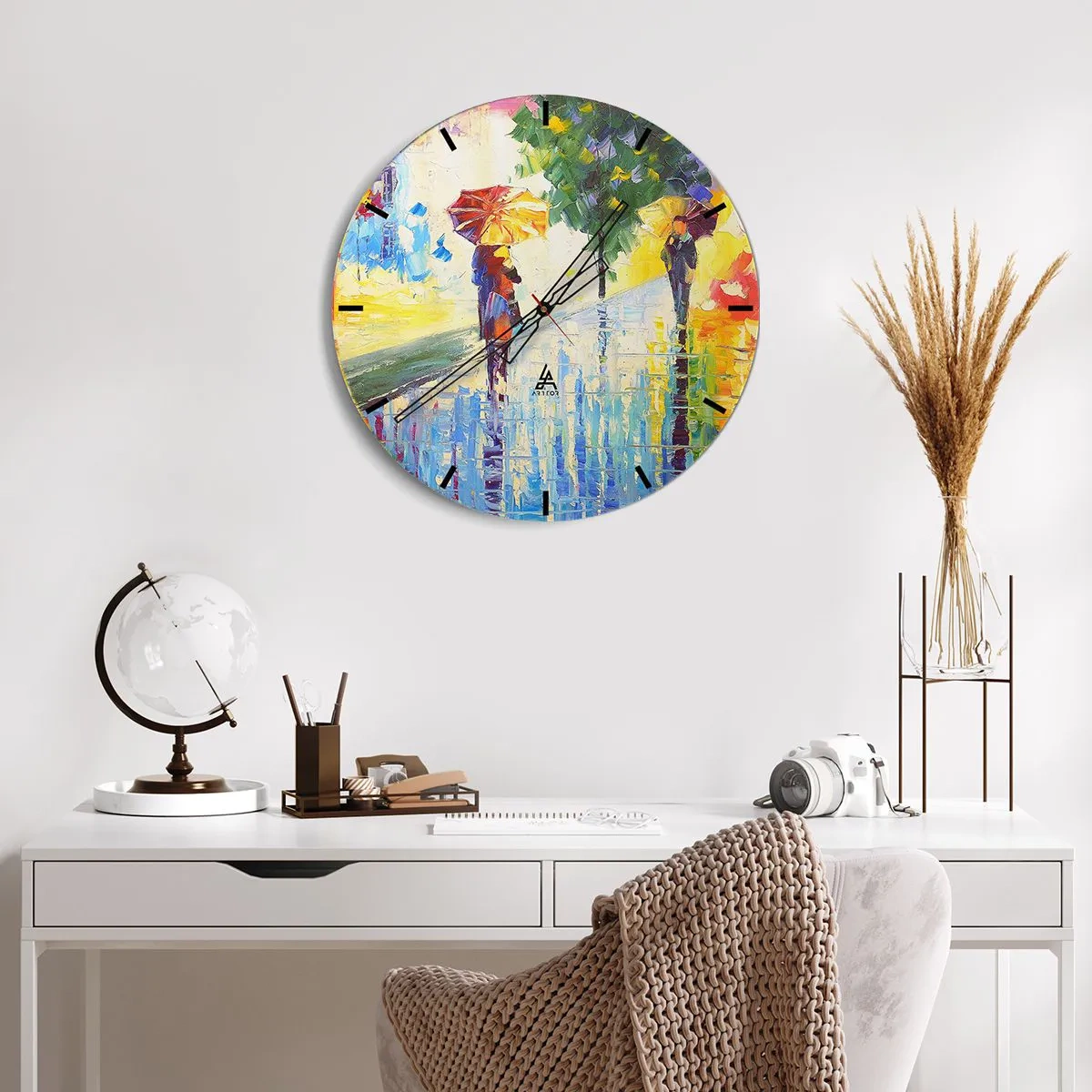 Wanduhr - Glasuhr - Figuren mit Regenschirmen gehen an einem regnerischen Tag spazieren - 30x30cm - Und alles klar - Moderne Wanddekoration für Wohnzimmer, Küche und Schlafzimmer ARTTOR