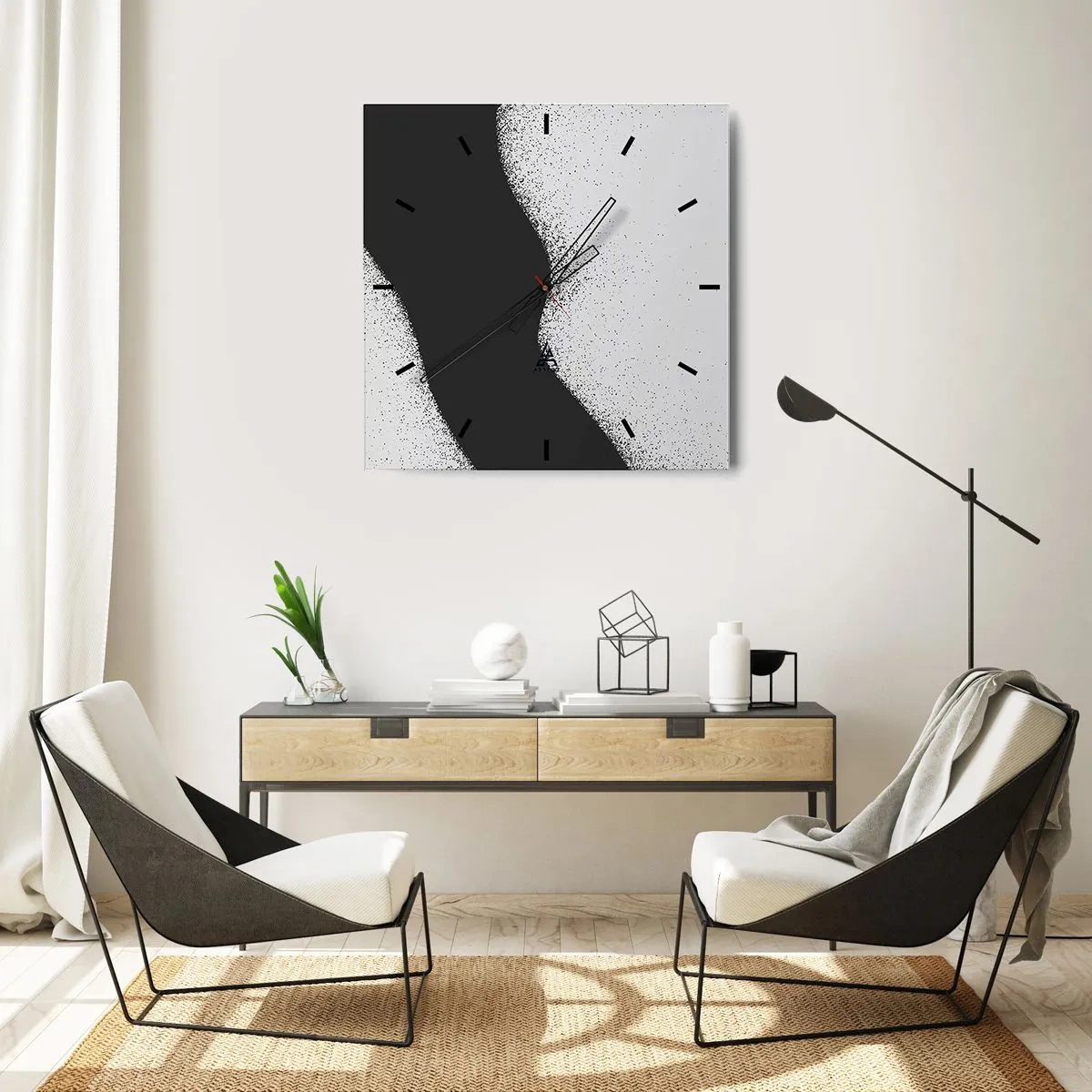 Wanduhr - Glasuhr - Abstraktes schwarz-weißes Muster mit zarten Punkten auf Leinwand - 30x30cm - Flüssiges Gleichgewicht - Moderne Wanddekoration für Wohnzimmer und Schlafzimmer ARTTOR